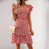 Floral Print V Neck Ruffle Sleeve Dress