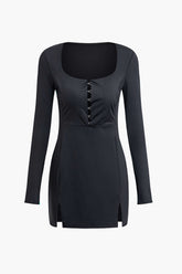 Hood And Eye Square Neck Slit Long Sleeve Mini Dress