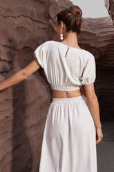 Linen-Blend Cuff Hem Crop Blouse