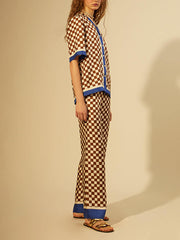 Checkerboard Blue Stripe Unique Print Splicing Loose Elastic Pants