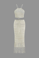 Braided Tie Cami Open Knit Tank Top And Tassel Skirt Set