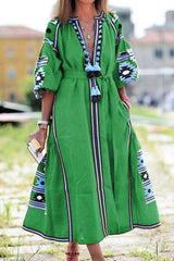 Fashion Casual Print Patchwork V Neck A Line Dresses(3 Colors)