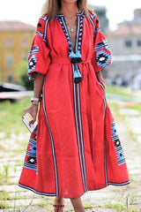 Fashion Casual Print Patchwork V Neck A Line Dresses(3 Colors)