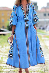 Fashion Casual Print Patchwork V Neck A Line Dresses(3 Colors)