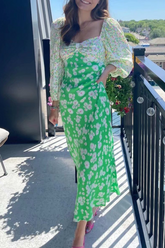 Vintage Elegant Floral Split Joint Contrast V Neck Dresses