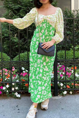 Vintage Elegant Floral Split Joint Contrast V Neck Dresses