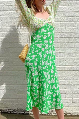 Vintage Elegant Floral Split Joint Contrast V Neck Dresses