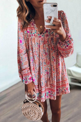 Casual Print Patchwork V Neck Cake Skirt Dresses(4 colors)