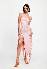 Pink Rushed Strapless Midi Dress