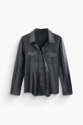 Faux Leather Button Up Pocket Long Sleeve Shirt