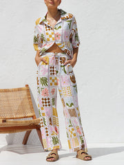 Casual Multicolor Printed Holiday Ethnic Style Top Wide Leg Pants Suit