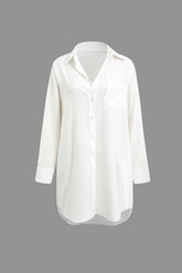 Button Up Chest Pocket Slit Long Sleeve Shirt