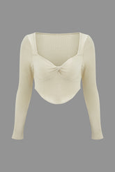 Square Neck Twist Front Crop Rib Knit Long Sleeve Top