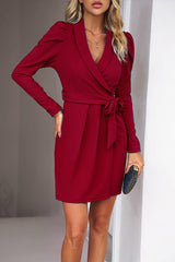 Solid Color V Neck Tie Waist Ruched Dress