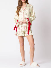 Festive Mistletoe Print Bow Tie Pajama Set