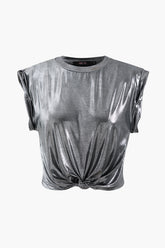 Metallic Rolled Cuff Knot Hem T-Shirt