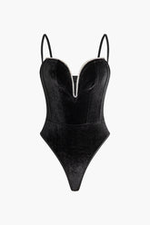 Velvet Rhinestone Embellished V-neck Bustier Cami Bodysuit