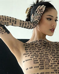 Mesh Letter Print Sleeveless Top With Gloves