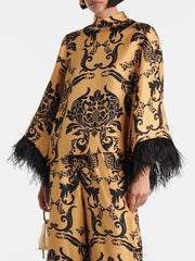 Ethnic Satin Print Feather Cuffs Loose Top