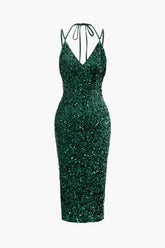 V-neck Sequin Halter Backless Slit Midi Dress