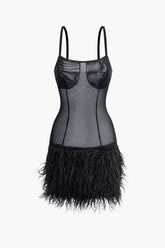 Faux Fur Hem Mesh Slip Mini Dress