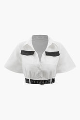 Contrast Pocket Belted Crop Shirt