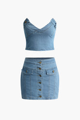 Denim V-neck Strapless Top And Button Up Mini Skirt Set