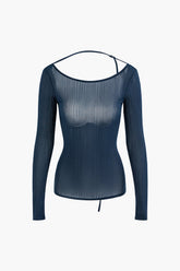 Round Neck Long Sleeve Backless Tie Top