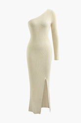 Asymmetrical One Shoulder Slit Knit Maxi Dress