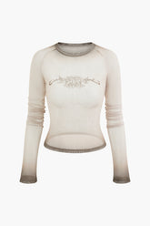 Printed Ombre Sheer Round Neck Long Sleeve Top