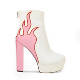 Pink Flames White Platform Retro Style Ankle Boots