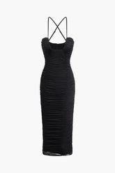 Cross Strap Mesh Ruched Midi Dress