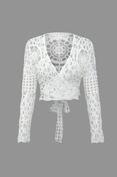 Hollow Out Knit Wrap Tie V-neck Crop Cover-Up Blouse
