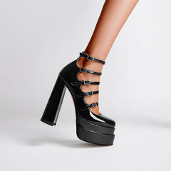 Black Strappy Double Platform Block Heels