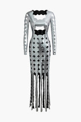 Cut Out Backless Tassel Long Sleeve Maxi Dress