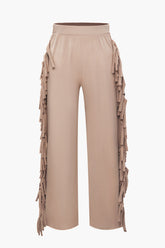 High Waist Fringe Trim Straight Leg Pants