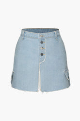 Frayed Hem Slit Denim Mini Skirt
