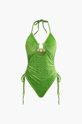 U-ring Tie Halter Ruched One-Piece Swimsuit