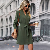 Button Solid Color Long Sleeve Casual Dress