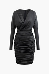 V Neck Satin Ruched Long Sleeve Midi Dress
