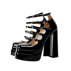 Black Strappy Double Platform Block Heels