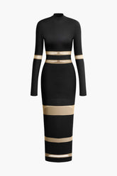 Mesh Patchwork Mock Neck Long Sleeve Maxi Dress