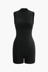 Solid Mock Neck Unitard Sleeveless Romper