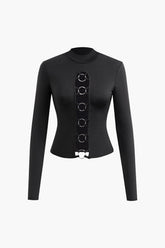 O-ring Front Mock Neck Long Sleeve Top