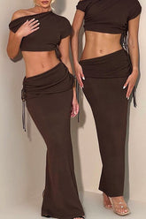 Asymmetrical Drawstring Short Sleeve Crop Top And Maxi Skirt Set