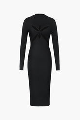 Long Sleeve Cut Out Front Twist Rib Knit Midi Dress