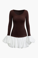 Contrast Puff Hem Round Neck Long Sleeve Mini Dress