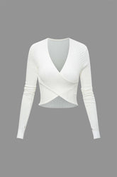 V-neck Cross Rib Long Sleeve Knit Crop Top