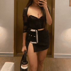 Diamond buckle decoration slit sexy skirt