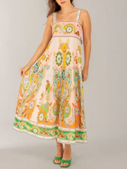Fashionable Ethnic Holiday Print Midi Dress